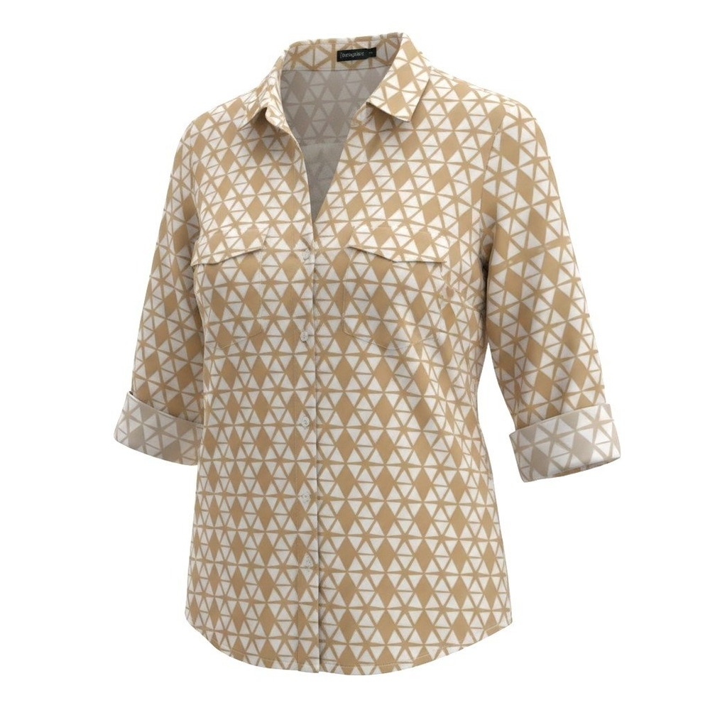 J.McLaughlin  XL Tan White Geometric Triangle Print 3/4 Roll Cuff Sleeve Top‎